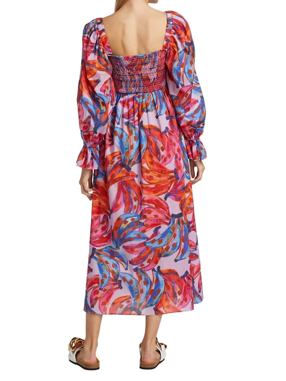 Pink Multicolor Smocked Midi Dress with Puff Sleeves and Banana Print - Picture 3 of 6